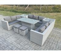 Fimous U Shape Lounge Rattan Garden Furniture Set Adjustable Rising Lifting Table Dining Set With 2 Pc Side Coffee Tea Table Stool