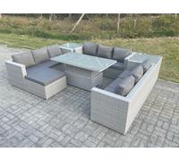 Fimous U Shape Lounge Rattan Garden Furniture Set Height Adjustable Rising Lifting Table Dining Set With 2 PC Side Coffee Table Footstool Light Grey