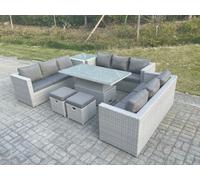 Fimous U Shape Lounge Rattan Garden Furniture Set Adjustable Rising Lifting Table Dining Set With Side Coffee Tea Table Stool
