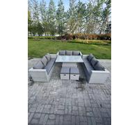 Fimous U Shape Rattan Garden Furniture Set Adjustable Rising Lifting Table Dining Set 2 Stools in Light Grey Fimous Light Grey