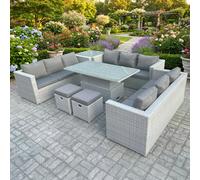 Fimous U Shape Rattan Garden Furniture Set with Adjustable Table, 3 Sofas, Side Table & 2 Footstools - Light Grey