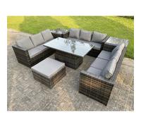 Fimous U Shape Rattan Gardern Furniture Dining Sofa Set 2 Side Coffee Table Adjustable Rising Table Extra Big Foostool