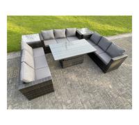 Fimous U Shape Rattan Garden Furniture Set Adjustable Rising Lifting Table Dining Set Coffee Tea Table in Light Grey Fimous Light Grey