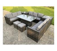 Fimous U Shape Rattan Gardern Furniture Dining Sofa Set Adjustable Rising Dining Table With 2 Side Coffee Table Extra Stool