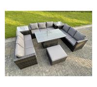 Fimous U Shape Rattan Gardern Furniture Dining Sofa Set Adjustable Rising Dining Table With 2 Side Coffee Table Extra Big Footstool