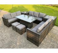 Fimous U Shape Rattan Gardern Furniture Dining Sofa Set Adjustable Rising Dining Table With 2 Side Coffee Table Extra 2 Stool