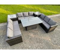 Fimous U Shape Rattan Gardern Furniture Dining Sofa Set Adjustable Rising Dining Table With 2 Side Coffee Table