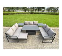 Fimous U-shaped Garden Furniture Set 10-Seater Aluminium Outdoor Dining Set with Adjustable Rising Lifting Dining Table 2 Side Tables Big Footstool Da
