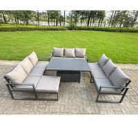 Fimous U-Shaped Garden Furniture Set 10-Seater Aluminium With Adjustable Rising Lifting Dining Table Big Footstool Dark Grey