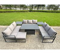 Fimous U-shaped Garden Furniture Set 10-Seater Aluminium Outdoor Dining Set with Adjustable Rising Lifting Dining Table 2 Side Tables Big Footstool Da