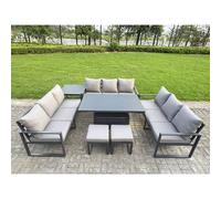 Fimous U-Shaped Garden Furniture Set 11-Seater Aluminium With Adjustable Rising Lifting Dining Table 2 Small Footstools Dark Grey
