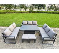 Fimous U-Shaped Garden Furniture Set 11-Seater Aluminium With Adjustable Rising Lifting Dining Table 2 Small Footstools Dark Grey