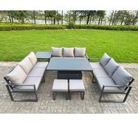 Fimous U-Shaped Garden Furniture Set 11-Seater Aluminium With Adjustable Rising Lifting Dining Table 2 Small Footstools Dark Grey