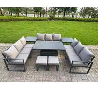 Fimous U-Shaped Garden Furniture Set 11-Seater Aluminium With Adjustable Rising Lifting Dining Table 2 Side Tables Dark Grey