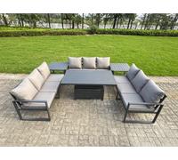 Fimous U-Shaped Garden Furniture Set 9-Seater Aluminium With Adjustable Rising Lifting Dining Table 2 Side Tables Dark Grey