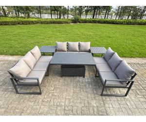 Fimous U-Shaped Garden Furniture Set 9-Seater Aluminium With Adjustable Rising Lifting Dining Table 2 Side Tables Dark Grey