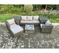 Fimous Wicker 7 Pieces Rattan Garden Furniture Sofa Set with Armchair 2 Side Tables Square Coffee Table Big Footstool Dark Grey Mixed