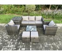 Fimous Wicker 7 Pieces Rattan Garden Furniture Sofa Set with Armchair Side Table Square Coffee Table 2 Small Footstools Dark Grey Mixed