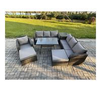 Fimous Wicker 7 Pieces Rattan Garden Furniture Sofa Set with Rectangular Dining Table Armchair 2 Big Footstool Side Table Dark Grey Mixed Fimous Dark Grey