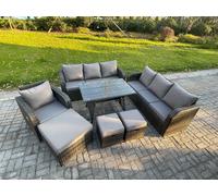 Fimous Wicker 7 Pieces Rattan Garden Furniture Sofa Set with Rectangular Dining Table Armchair 3 Footstools Dark Grey Mixed