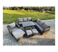 Fimous Wicker 7 Pieces Rattan Garden Furniture Sofa Set with Rectangular Dining Table Armchair 3 Footstools Dark Grey Mixed