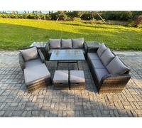 Fimous Wicker 9 Pieces Rattan Garden Furniture Sofa Set with Rectangular Dining Table Armchair 3 Footstools 2 Side Tables Dark Grey Mixed