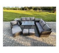 Fimous Wicker 9 Pieces Rattan Garden Furniture Sofa Set with Rectangular Dining Table Armchair 3 Footstools 2 Side Tables Dark Grey Mixed