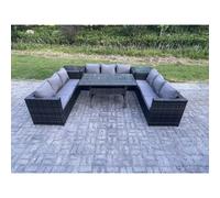Fimous Wicker Outdoor Garden Furniture Rattan Lounge Sofa Set Patio Rectangular Dining Table with 2 Side Table 9 Seater Dark Grey Mixed
