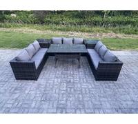 Fimous Wicker Outdoor Garden Furniture Rattan Lounge Sofa Set Patio Rectangular Dining Table with 2 Side Table 9 Seater Dark Grey