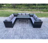 Fimous Wicker Outdoor Garden Furniture Rattan Lounge Sofa Set Patio Rectangular Dining Table with 2 Side Table 9 Seater Dark Grey Mixed
