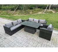 Fimous Wicker PE Garden Furniture Rattan Sofa Set Outdoor Adjustable Rising Lifting Dining Table Set with Armchair 7 Seater