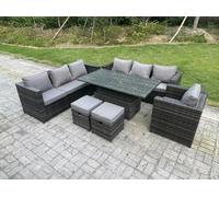 Fimous Wicker PE Garden Furniture Rattan Sofa Set Outdoor Adjustable Rising Lifting Dining Table Set with Armchair 2 Stools 9 Seater Dark Grey Mixed
