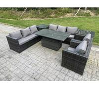 Fimous Wicker PE Garden Furniture Rattan Sofa Set Outdoor Adjustable Rising Lifting Dining Table Set with 2 Armchairs 2 Side Tables