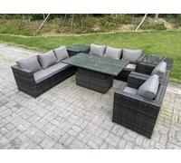 Fimous Wicker PE Garden Furniture Rattan Sofa Set Outdoor Adjustable Rising Lifting Dining Table Set with 2 Armchairs 2 Side Tables