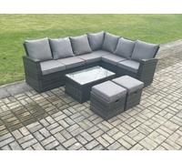 Fimous Wicker Pe Outdoor Garden Furniture Set High Back Rattan Corner Sofa Set With Coffee Table 2 Small Footstools
