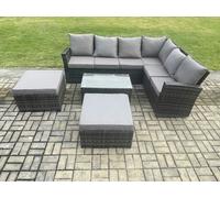 Wicker PE Outdoor Garden Furniture Set High Back Rattan Corner Sofa Set with Rectangular Coffee Table 2 Big Footstool Fimous Dark Grey One Size
