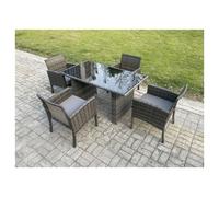 Fimous Wicker Pe Outdoor Rattan Garden Furniture Arm Chair And Table Dining Sets 4 Seater Rectangular Table Dark Grey Mixed