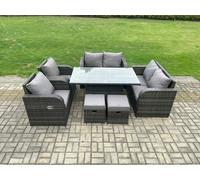 Fimous Wicker PE Rattan Furniture Garden Dining Set Outdoor Height Adjustable Rising lifting Table Love Sofa Chairs