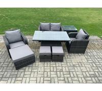 Fimous Rattan Furniture Garden Dining Set Outdoor Height Adjustable Rising lifting Table Love Sofa Chair With 3 Stools