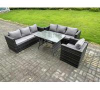 Fimous Wicker PE Rattan Garden Dining Set Outdoor Furniture Sofa with Patio Dining Table Armchair 7 Seater Dark Grey Mixed