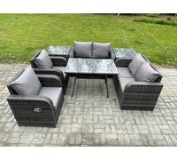 FIMOUS PE Rattan Garden Dining Set with Sofa, Rectangular Table & 2 Side Tables Dark Grey Mixed