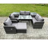 FIMOUS Garden Dining Set - Wicker PE Rattan Sofa with 2 Side Tables & Big Footstool - Dark Grey