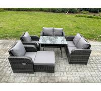 Fimous Wicker PE Rattan Garden Dining Set Outdoor Furniture Sofa with Rectangular Dining Table Big Footstool Dark Grey Mixed