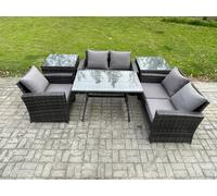 Fimous Wicker PE Rattan Garden Dining Set Outdoor Furniture Sofa with Rectangular Dining Table Love Seat Sofa 2 Side Tables Dark Grey Mixed