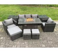 Fimous 8-Seater Rattan Gas Fire Pit Dining Set | Outdoor Wicker, 2 Armchairs, 2 Side Tables, Footstool | Dark Grey