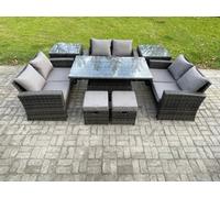 Fimous Wicker Pe Rattan Garden Furniture Set Height Adjustable Rising Lifting Table Sofa Dining Set With 2 Seater Sofa Sofa