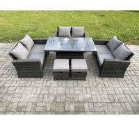 Fimous Wicker PE Rattan Garden Furniture Set Height Adjustable Rising Lifting Table Sofa Dining Set with Double Seat Sofa 2 Small Footstools Dark Grey Mixed Dark Grey
