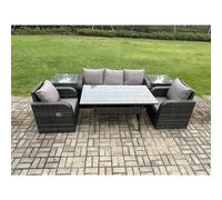 Fimous Wicker Pe Rattan Garden Furniture Set Outdoor Rectangular Dining Table And Chair Sofa Set With 2 Pc Side Table