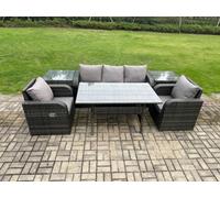 Fimous Wicker Pe Rattan Garden Furniture Set Outdoor Rectangular Dining Table And Chair Sofa Set With 2 Pc Side Table