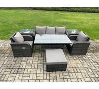 Fimous Wicker PE Rattan Garden Furniture Set Outdoor Rectangular Dining Table and Chair Sofa Set With 2 Side Tables Big Footstool Dark Grey Mixed